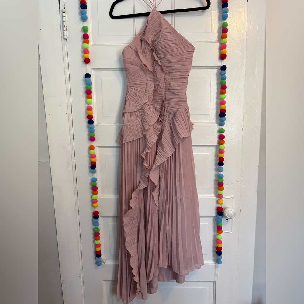 Elegant Pink Ruffled Trim Pleated Dress